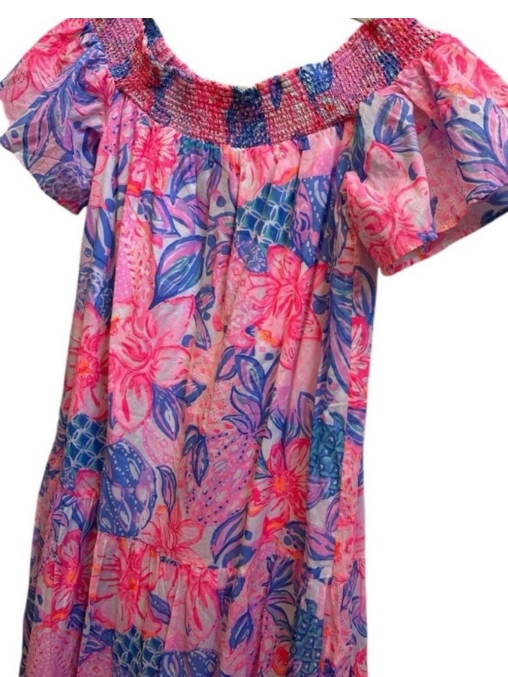 💗 Lilly Pulitzer Sz L Dezi Off The Shoulder Maxi Dress Pink Isle Snappy Turtle 💗